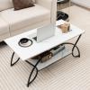 Giantex 2-Tier Rectangular Coffee Table, Faux Marble Table with Open Storage Shelf, Black Finished Metal Frame, Modern Center Table for Living Room, Reception Room (White+Black)(White+black)
