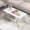 Giantex 2-Tier Rectangular Coffee Table, Faux Marble Table with Open Storage Shelf, Black Finished Metal Frame, Modern Center Table for Living Room, Reception Room (White+Black)(White+gold)