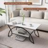Giantex 2-Tier Rectangular Coffee Table, Faux Marble Table with Open Storage Shelf, Black Finished Metal Frame, Modern Center Table for Living Room, Reception Room (White+Black)(White+black)