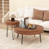 Giantex Boho Round Coffee Table Set of 2, Sofa Side Nesting Table with Solid Pine Wood Top, Metal Legs & Adjustable Foot Pads, 31.5″ D Large Table Set for Living Room (Ring Pattern, Natural)(Brown)