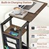 Giantex C Shaped End Table with Charging Station, 27’’H Slide Under Couch Side Table w/Wheels, Outlets & USB Ports, Storage Bag, Small Laptop Sofa TV Tray C Table for Living Room, Rustic Brown(1)