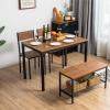 Giantex Dining Table Set for 4, Kitchen Table with Bench and Chairs, Industrial Gathering Bench Dining Set W/Metal Frame & Storage Rack, Dinette Set, Modern Functional Desk Set (Black Oak)(Brown)