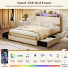 Giantex Full Size Bed Frame with 4 Storage Drawers and Charging Station, Metal Full Platform Bed w/LED Lights & Linen Upholstered Headboard, No Box Spring Needed, Full Storage Bed, Gold & Beige(Gold & Beige)