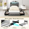 Giantex Full Size Bed Frame with 4 Storage Drawers and Charging Station, Metal Full Platform Bed w/LED Lights & Linen Upholstered Headboard, No Box Spring Needed, Full Storage Bed, Gold & Beige(Black & Grey)