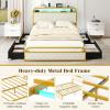 Giantex Full Size Bed Frame with 4 Storage Drawers and Charging Station, Metal Full Platform Bed w/LED Lights & Linen Upholstered Headboard, No Box Spring Needed, Full Storage Bed, Gold & Beige(Gold & Beige)