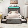 Giantex Full Size Bed Frame with 4 Storage Drawers and Charging Station, Metal Full Platform Bed w/LED Lights & Linen Upholstered Headboard, No Box Spring Needed, Full Storage Bed, Gold & Beige(Black & Grey)