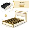 Giantex Full Size Bed Frame with 4 Storage Drawers and Charging Station, Metal Full Platform Bed w/LED Lights & Linen Upholstered Headboard, No Box Spring Needed, Full Storage Bed, Gold & Beige(Gold & Beige)