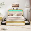 Giantex Full Size Bed Frame with 4 Storage Drawers and Charging Station, Metal Full Platform Bed w/LED Lights & Linen Upholstered Headboard, No Box Spring Needed, Full Storage Bed, Gold & Beige(Gold & Beige)