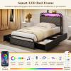 Giantex Full Size Bed Frame with 4 Storage Drawers and Charging Station, Metal Full Platform Bed w/LED Lights & Linen Upholstered Headboard, No Box Spring Needed, Full Storage Bed, Gold & Beige(Black & Grey)