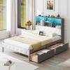 Giantex Full Size Bed Frame with Storage Drawer & Headboard, Full Storage Bed with LED Lights & Charging Station, Wooden Platform Bed with Upholstered Bookcase Headboard, No Box Spring Needed, Gray