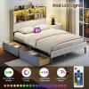 Giantex Full Size Bed Frame with Storage Drawer & Headboard, Full Storage Bed with LED Lights & Charging Station, Wooden Platform Bed with Upholstered Bookcase Headboard, No Box Spring Needed, Gray