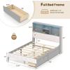 Giantex Full Size Bed Frame with Storage Drawer & Headboard, Full Storage Bed with LED Lights & Charging Station, Wooden Platform Bed with Upholstered Bookcase Headboard, No Box Spring Needed, Gray