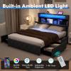 Giantex Full Size Bed Frame with Storage Headboard and 4 Drawers, Modern Upholstered Platform Bed with Charging Station & Led Lights, Storage Bed Full w/Wood Slat Support, No Box Spring Needed, Grey(Full)