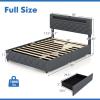 Giantex Full Size Bed Frame with Storage Headboard and 4 Drawers, Modern Upholstered Platform Bed with Charging Station & Led Lights, Storage Bed Full w/Wood Slat Support, No Box Spring Needed, Grey(Full)