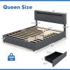 Giantex Full Size Bed Frame with Storage Headboard and 4 Drawers, Modern Upholstered Platform Bed with Charging Station & Led Lights, Storage Bed Full w/Wood Slat Support, No Box Spring Needed, Grey(Queen)