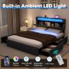Giantex Full Size Bed Frame with Storage Headboard and 4 Drawers, Modern Upholstered Platform Bed with Charging Station & Led Lights, Storage Bed Full w/Wood Slat Support, No Box Spring Needed, Grey(Queen)