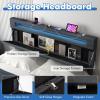 Giantex Full Size Bed Frame with Storage Headboard and 4 Drawers, Modern Upholstered Platform Bed with Charging Station & Led Lights, Storage Bed Full w/Wood Slat Support, No Box Spring Needed, Grey(Queen)