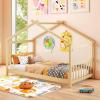 Giantex House Bed Twin, Solid Wood Kids House Bed with Roof, Headboard and Footboard, Low Floor Twin Bed Frame for Toddlers Teens Girls Boys, No Box Spring Needed, White(Natural)