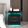 Giantex LED Nightstand, Modern Black Bedside Tables with 2 Storage Drawers, High Gloss End Side Table with Adjustable Light Mode, Smart Night Stand for Bedroom(Black)