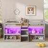 Giantex Low Loft Bed with LED Lights, Wooden Twin Loft Bed with Stairs & Safety Guardrail, Loft Bed Twin Size with Storage Bookcase and Under-Bed Play Space, Loft Bed for Kids (Natural)(Grey)