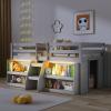 Giantex Low Loft Bed with LED Lights, Wooden Twin Loft Bed with Stairs & Safety Guardrail, Loft Bed Twin Size with Storage Bookcase and Under-Bed Play Space, Loft Bed for Kids (Natural)(Grey)