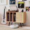 Giantex Mid Century Record Player Stand with Charging Station, Rattan Turntable Stand with Storage Cabinet & Adjustable Shelf, Boho Record Player Table, Vinyl Record Storage for Living Room, Bedroom(Natural)