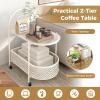 Giantex Mobile Glass Coffee Table, 2-Tier Modern Cocktail Table with Bear Pattern, Storage Basket & Metal Frame, Sofa Side Tea Table on Lockable Wheels, Center Table for Living Room, Bedroom (White)(White)