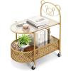 Giantex Mobile Glass Coffee Table, 2-Tier Modern Cocktail Table with Bear Pattern, Storage Basket & Metal Frame, Sofa Side Tea Table on Lockable Wheels, Center Table for Living Room, Bedroom (White)(Golden)