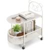 Giantex Mobile Glass Coffee Table, 2-Tier Modern Cocktail Table with Bear Pattern, Storage Basket & Metal Frame, Sofa Side Tea Table on Lockable Wheels, Center Table for Living Room, Bedroom (White)(White)