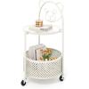 Giantex Mobile Glass Coffee Table, 2-Tier Round End Table with Bear Pattern, Storage Basket, Metal Frame, Modern Cocktail Table on Lockable Wheels, Sofa Side Tea Table for Living Room Bedroom (White)(White)
