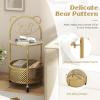 Giantex Mobile Glass Coffee Table, 2-Tier Round End Table with Bear Pattern, Storage Basket, Metal Frame, Modern Cocktail Table on Lockable Wheels, Sofa Side Tea Table for Living Room Bedroom (White)(Golden)