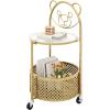 Giantex Mobile Glass Coffee Table, 2-Tier Round End Table with Bear Pattern, Storage Basket, Metal Frame, Modern Cocktail Table on Lockable Wheels, Sofa Side Tea Table for Living Room Bedroom (White)(Golden)