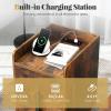Giantex Nightstand with Charging Station, Narrow End Table with 2 Drawers & Metal Gold Legs, Small Sofa Side Table w/ 2 USB Ports and 3 Outlets, Modern Night Stand for Small Spaces, Rustic Brown(Rustic)