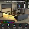 Giantex Queen Bed Frame with LED Lights and 2 Storage Drawers, Upholstered LED Platform Bed with Linen Fabric Headboard, Metal Slats Support, No Box Spring Needed, Light up Bed Frame, Grey(Twin)