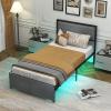 Giantex Queen Bed Frame with LED Lights and 2 Storage Drawers, Upholstered LED Platform Bed with Linen Fabric Headboard, Metal Slats Support, No Box Spring Needed, Light up Bed Frame, Grey(Twin)