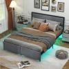 Giantex Queen Bed Frame with LED Lights and 2 Storage Drawers, Upholstered LED Platform Bed with Linen Fabric Headboard, Metal Slats Support, No Box Spring Needed, Light up Bed Frame, Grey(Queen)