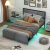 Giantex Queen Bed Frame with LED Lights and 2 Storage Drawers, Upholstered LED Platform Bed with Linen Fabric Headboard, Metal Slats Support, No Box Spring Needed, Light up Bed Frame, Grey(Full)