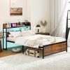 Giantex Queen Size Bed Frame with Storage Headboard, Metal Platform Bed w/LED Light & Charging Station, Linen Upholstered Headboard, Heavy Duty Slat Support, No Box Spring Needed, Noise-Free(Rustic Brown+black)