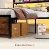 Giantex Queen Size Bed Frame with Storage Headboard, Metal Platform Bed w/LED Light & Charging Station, Linen Upholstered Headboard, Heavy Duty Slat Support, No Box Spring Needed, Noise-Free(Rustic Brown+black)