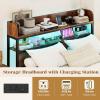 Giantex Queen Size Bed Frame with Storage Headboard, Metal Platform Bed w/LED Light & Charging Station, Linen Upholstered Headboard, Heavy Duty Slat Support, No Box Spring Needed, Noise-Free(Rustic Brown+black)