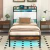 Giantex Queen Size Bed Frame with Storage Headboard, Metal Platform Bed w/LED Light & Charging Station, Linen Upholstered Headboard, Heavy Duty Slat Support, No Box Spring Needed, Noise-Free(Rustic Brown+black+grey)