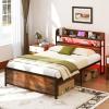 Giantex Queen Size Bed Frame with Storage Headboard, Metal Platform Bed w/LED Light & Charging Station, Linen Upholstered Headboard, Heavy Duty Slat Support, No Box Spring Needed, Noise-Free(Rustic Brown+black)