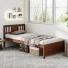 Giantex Queen Size Solid Wood Platform Bed Frame, Mid Century Queen Bed Frame with Headboard, Wooden Slat Support, Queen Panel Bed, No Box Spring Needed, Easy Assembly, White(Walnut)