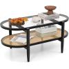 Giantex Rattan Coffee Table, 2-Tier Oval Wood Tea Table with Tempered Glass Tabletop & PE Rattan Storage Shelf, 40″ Boho Cocktail Tables, Mid Century Modern Center Table for Living Room Office, Black(Black)
