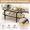 Giantex Rattan Coffee Table, 2-Tier Oval Wood Tea Table with Tempered Glass Tabletop & PE Rattan Storage Shelf, 40″ Boho Cocktail Tables, Mid Century Modern Center Table for Living Room Office, Black(Black)