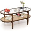Giantex Rattan Coffee Table, 2-Tier Oval Wood Tea Table with Tempered Glass Tabletop & PE Rattan Storage Shelf, 40″ Boho Cocktail Tables, Mid Century Modern Center Table for Living Room Office, Black(Brown)