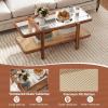 Giantex Rattan Coffee Table, 47.5″ Rectangle Solid Wood Tea Table w/Tempered Glass Tabletop, Rattan Storage Shelf, 2-Tier Boho Coffee Tables, Farmhouse Center Table for Living Room (Oak)(Walnut)
