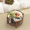Giantex Rattan Coffee Table, Boho Round Glass Tea Table with PE Rattan Storage Shelf & Wood Frame, 2 Tier Accent Center Table for Living Room, Apartment, Small Space
