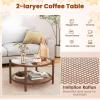 Giantex Rattan Coffee Table, Boho Round Glass Tea Table with PE Rattan Storage Shelf & Wood Frame, 2 Tier Accent Center Table for Living Room, Apartment, Small Space
