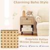 Giantex Rattan Nightstands with Drawer Set of 2, Boho Side Tables with 4 Metal Legs and Open Storage Shelf, Farmhouse Night Stands for Small Spaces, 2 Tier Bedside Tables for Bedroom Office, Oak(Natural)